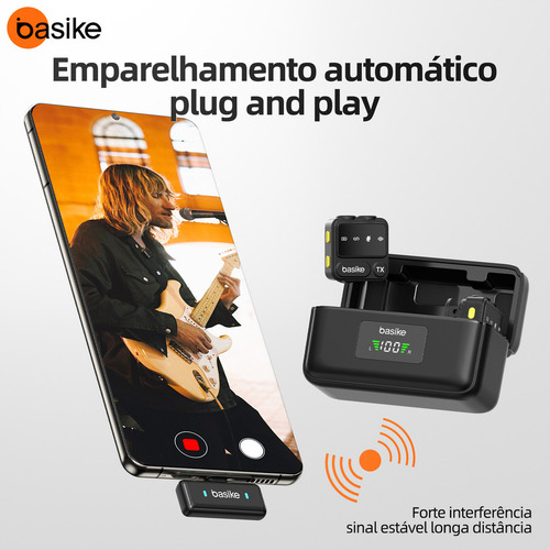 Microfone Sem Fio Basike Mini para iPhone/iPad/Android - 30m Alcance Estável, 10h Bateria com Case de Carregamento Portátil, Clip Prático para YouTube/TikTok/Gravações em Movimento
