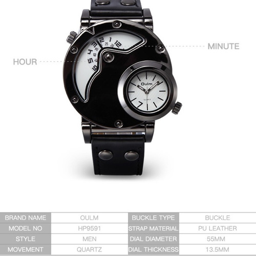 Reloj Impermeable De Cuero Oulm Two Time Zone