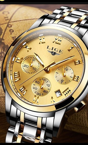 Relógio Analogico Dourado Aço Masculino De Luxo + Brinde