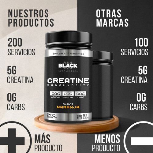 Black Supplements Creatina Monohidratada 1kg 200 Servs Naranja