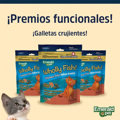 Imagen 5 de 7 de Premios Para Gatos Wholly Fish Digestive Health Emerald Pet