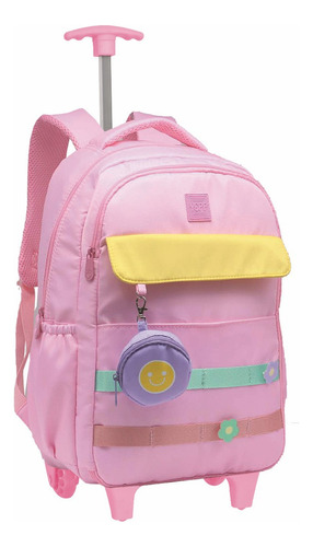 Kit Mochila Rodinha Juvenil Escolar Chaveiro Abertura 180° Cor Rosa