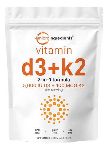 Vitamina D3 5,000 Iu + K2 (mk7) 100 Mcg Con 300 Softgels Sabor N/a