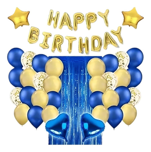 Kit Decoración En Casa Happy Birthday Dorado+azul+confeti