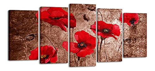 Wieco Art Red Poppies On Brown 5 Paneles Modern Gallery Wrap