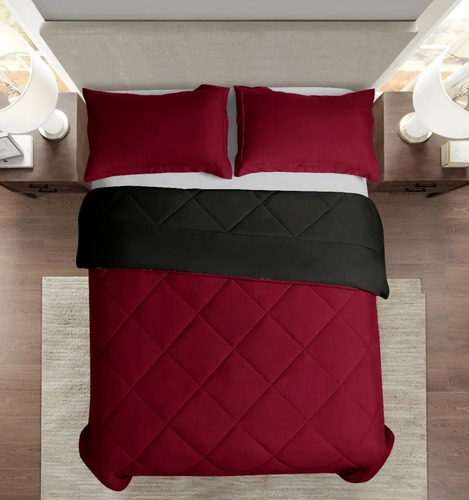 Imagen 5 de 8 de Edredón Matrimonial Rojo Negro Doble Vista 2fundas Almohadas