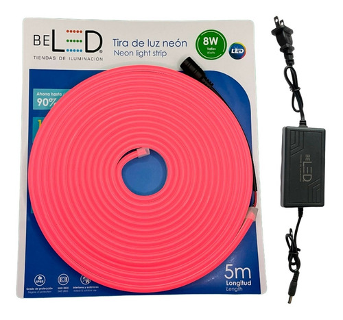 Tira Led Neon Flex 5m 12v Con Fuente 12v 3a Decorativa Color de la luz Rosa