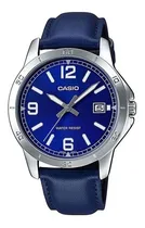 Comprar Reloj De Pulsera Casio Enticer Mtp-v004 De Cuerpo Color Plata, Analógico, Para Hombre, Fondo Azul, Con Correa De Cuero Color Azul, Agujas Color Plata Y Blanco, Dial Blanco, Minutero\u002Fsegundero Plata, B
