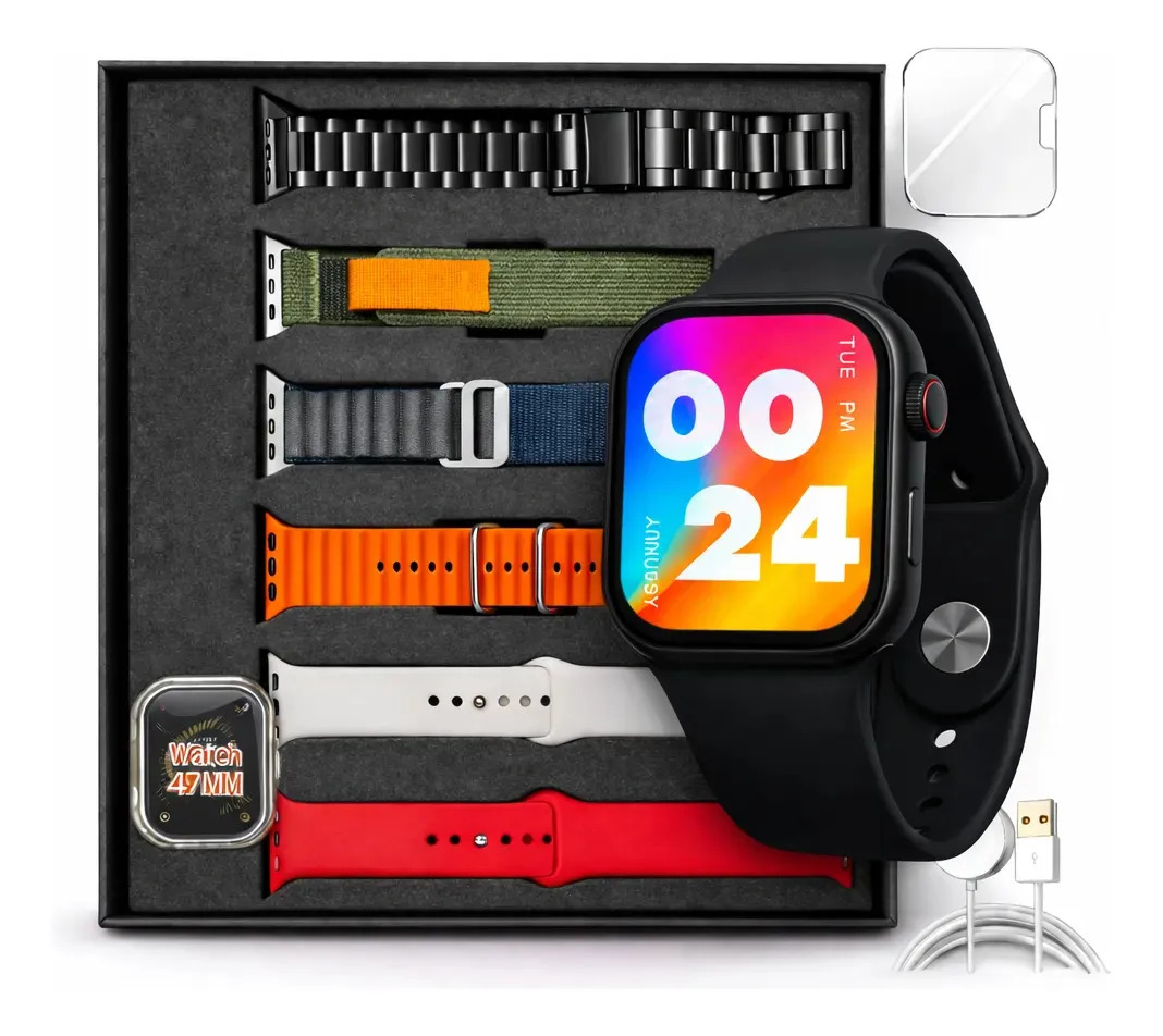Smartwatch Bazik Prime W52 Pro Max 47mm Preto para iOS e Android com 7 Pulseiras e Case