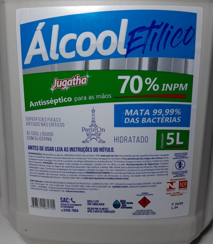 Álcool Líquido 70% Para Mãos Antisséptico Higienizador 5 L