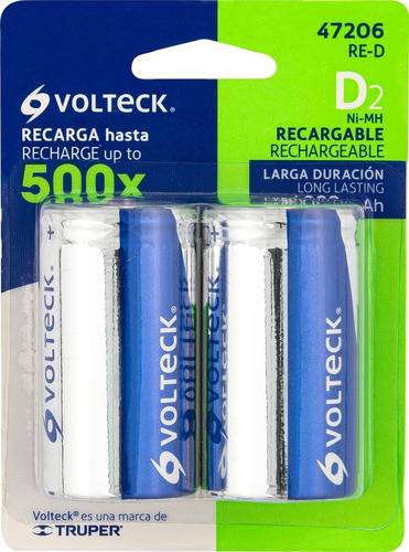 2 Pilas Recargables D Grandes Larga Duración 4000mah Volteck