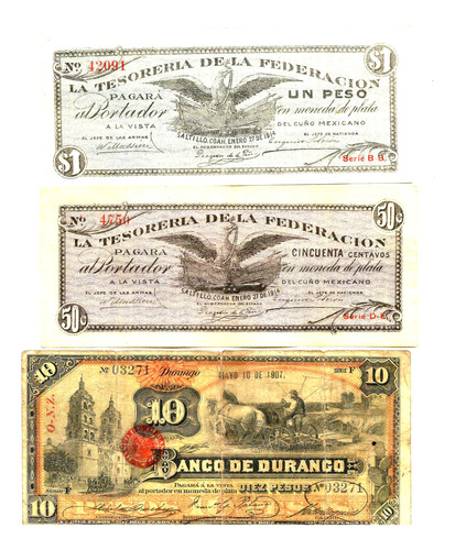 3 Billetes De Revolucion 50 Cvs 1 Peso Y 10 Pesos Durango