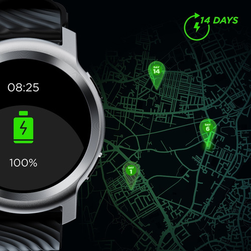 Smartwatch Motorola Moto Watch 100 1.3" caja 42mm de aluminio glacier silver, malla negra de silicona y bisel glacier silver