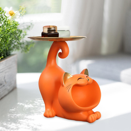 Bandeja De Joyería Decorativa Con Estatua De Gato Naranja
