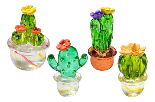 Qiansheng 4pcs Hecho A Mano Vidrio Soplado Arte Cactus Lindo