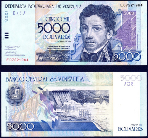 Billete 5000 Bolívares E8 Mayo 25 2004 Francisco De Miranda