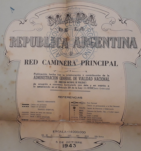 Gran Mapa Red Caminera Principal 1943 Argentina 60 X 105 Cm (Usado)