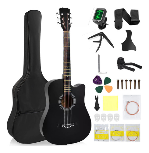 Guitarra Acústica Clasica 38 Inch Con Funda Y Accesorios,FocoMyLord FG810 Paquete Para Principiantes Guitarra Diestros Con Bolsa,Cuerdas Extra,Capo,Afinador Digital,Alma,Negro Matte