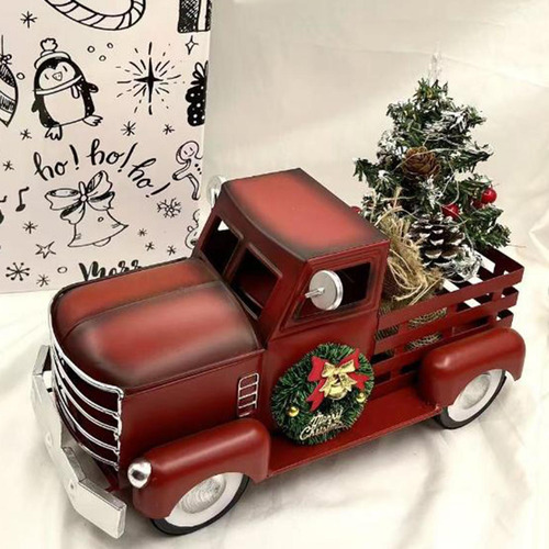 Camión Rojo Con Árbol De Navidad, Coche Antiguo De Metal,
