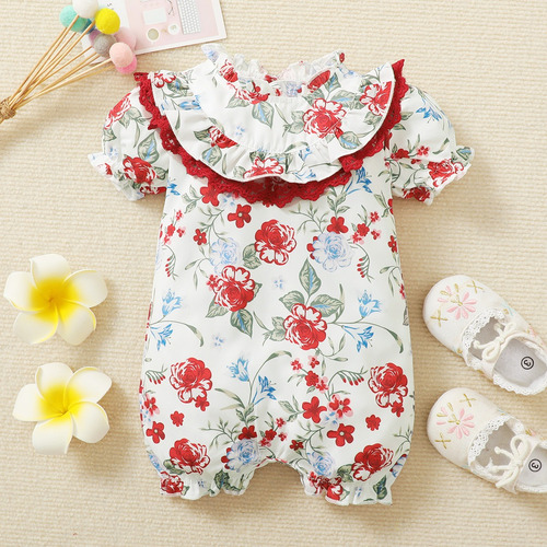 Mameluco Verano Lindo Bebé Con Encaje Y Estampado De Flores Blanco 9-12 M Floreado