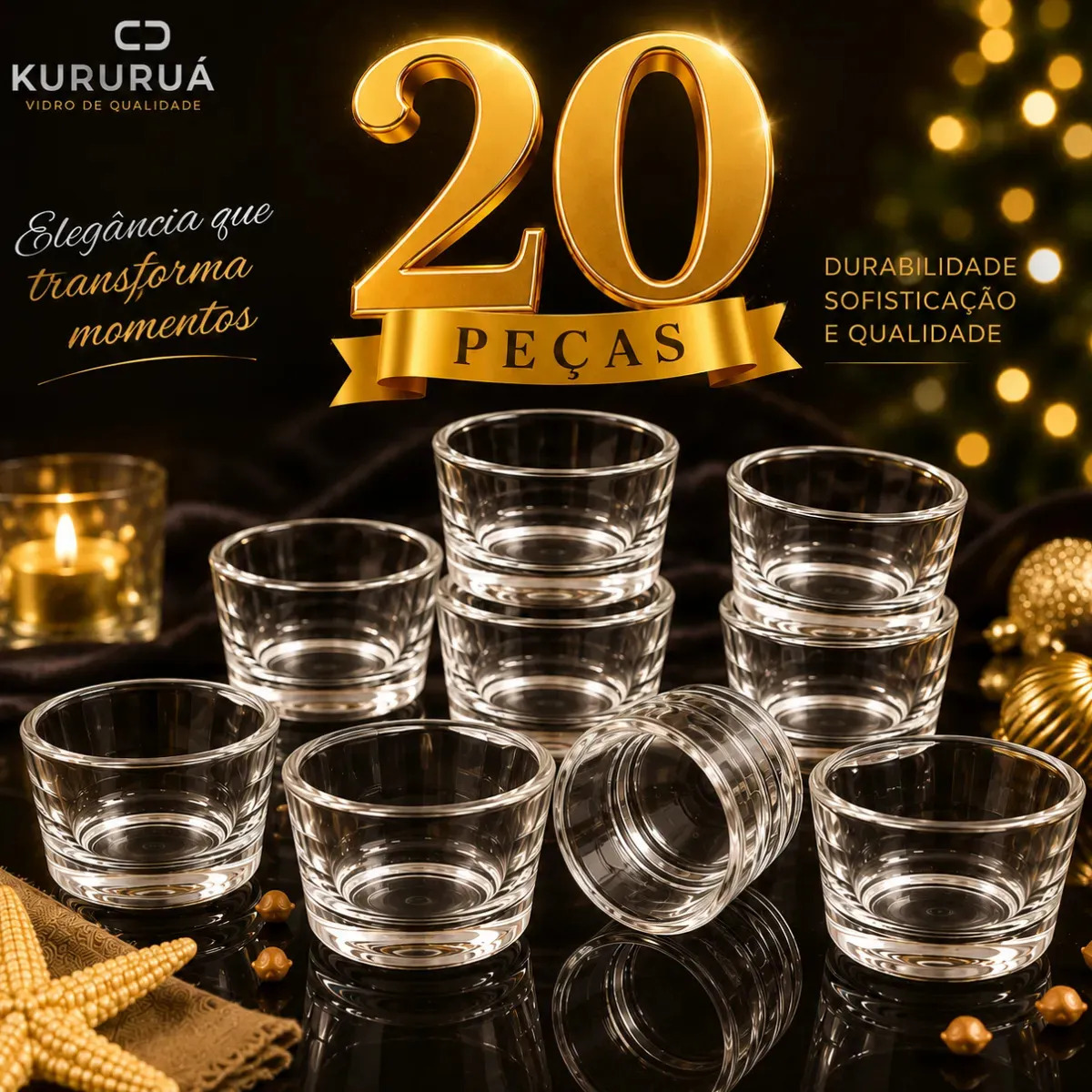 Kit 20 Castiçais de Vidro Premium Decorativo Porta Velas Rechaud Copinho Marca Kururuá
