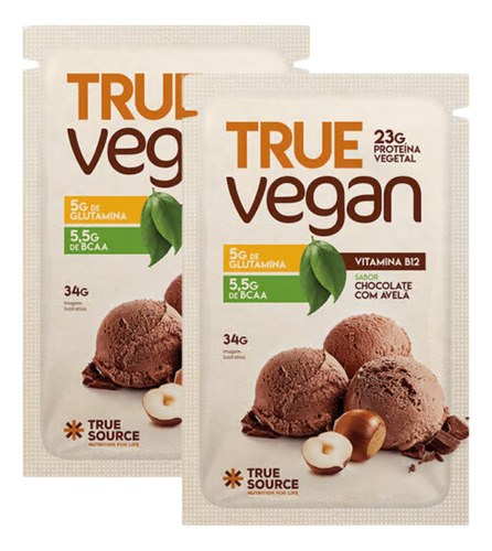 2x Sachê True Vegan Proteína Chocolate Avelã True Source 34g Sabor Chocolate Com Avelã