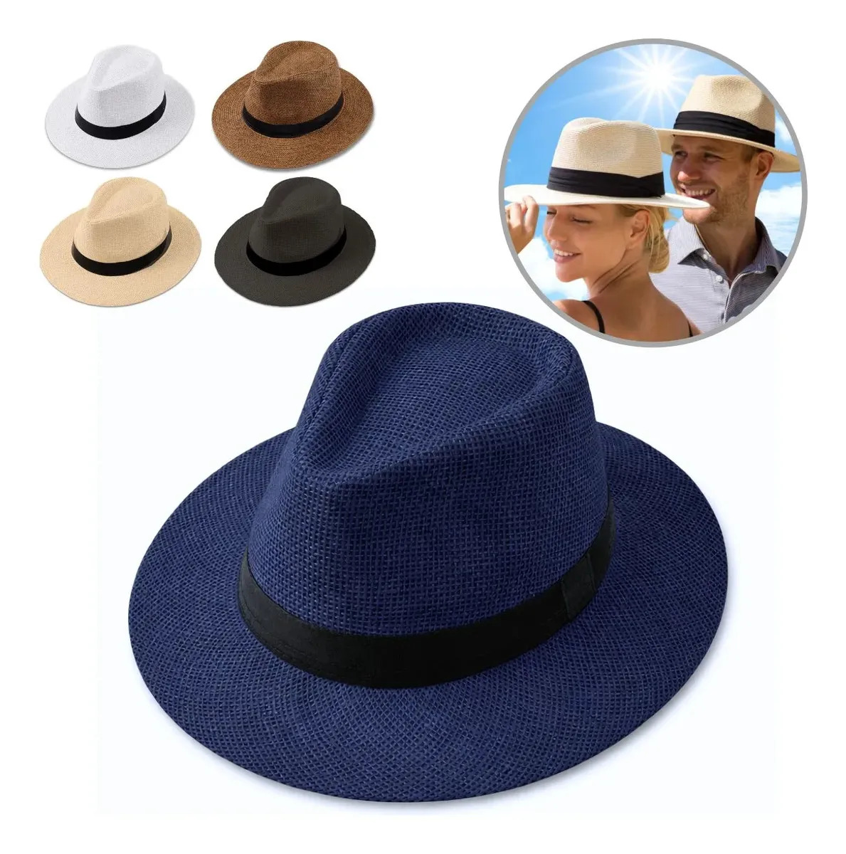 Chapéu Panamá Palha Aba Moda Masculino Feminino Praia Casual Cor Azul Tamanho Un