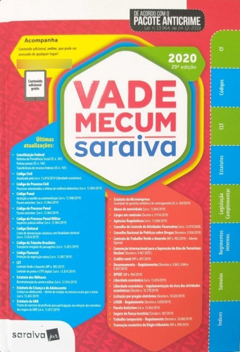 Imagem 2 de 5 de Vade Mecum Saraiva Trad. 2020 29ª Ed. Com Pacote Anticrime