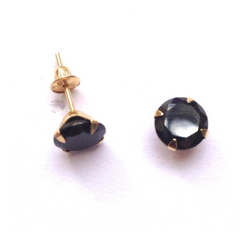 Brincos Ponto De Luz Pedra 6 Mm Cor Preto Onix Joia Ouro 18k