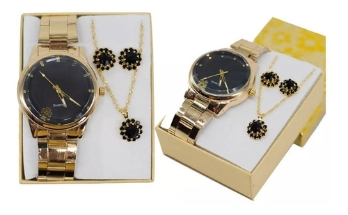 Relógio Feminino Dourado + Kit Colar E Brinco Foliado + Caix
