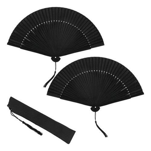 A 2 Hand Fan Abanico Chino Foldable Black Bamboo