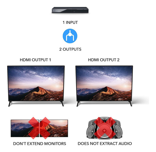 Divisor Hdmi Orei Ultrahd 4k 60 Hz 1 X 2 - 1 Entrada 2 Salidas 2 Puertos 2: 8 Bits - Hdmi 2.0, Hdcp 2.0, 18 Gbps, Edid, Pantallas 4k Duplicadas/espejo - Uhds-102