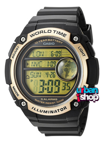 Reloj Casio Ae 3000w 9a Horas Mundiales Caratula Grande Negro Dorado