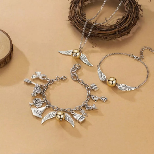 Juego De 4pzs De Joyas De Harry Potter Collar+pulsera Snitch