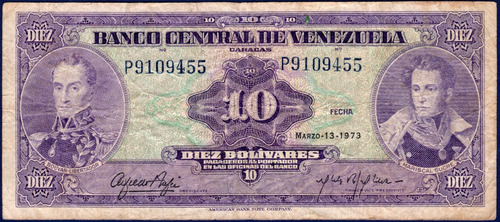 Billete 10 Bolívares P7 Marzo 13 1973 Simón Bolívar Y Sucre