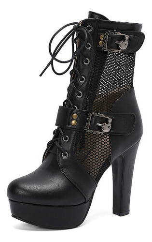 Botas De Malla Con Cordones Para Mujer, Tacones De Plataform