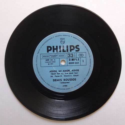 Demis Roussos - Adios, Mi Amor, Adios Disco Simple (Usado)