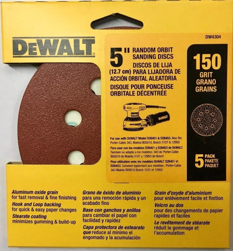 Set De 5 Lijas Dewalt Con Velcro Para Roto Orbital Grano 150