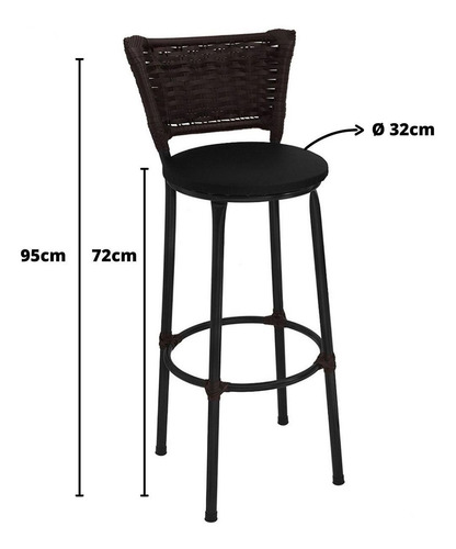 Imagem 3 de 5 de Kit 3 Banquetas Altas Preta Para Balcão Encosto Junco Argila