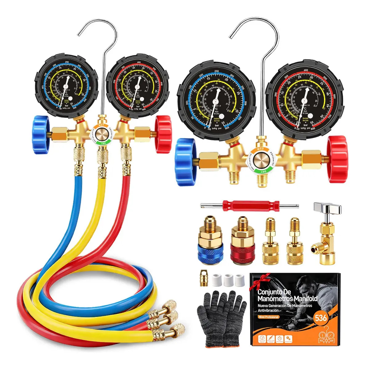 Kit Manifold Ar Condicionado Refrigeração GOZBING Manômetro Simulado De Três Vias Para R134a, R22, R404a e R410a, Inclui Uma Mangueira De 90 Cm e Válvula Metálica, Precisão De Pres