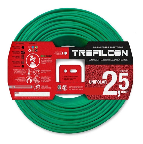Cable Unipolar 2.50mm Trefilcon Verde / Amari Rollo X 20mts