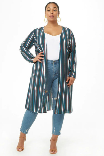 Forever 21 Plus Size Kimono Cardigan Blazer Largo Azul Rayas