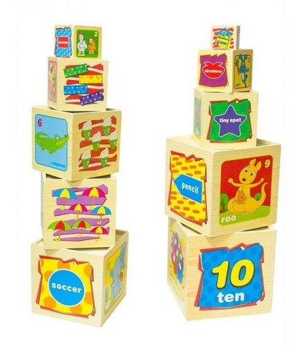 Torre Apilable De 10 Cubos Didácticos De Madera Para Niños