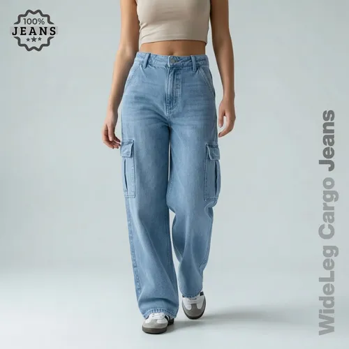 Calça Jeans Wide Leg Cargo Preta Feminina Cintura Alta