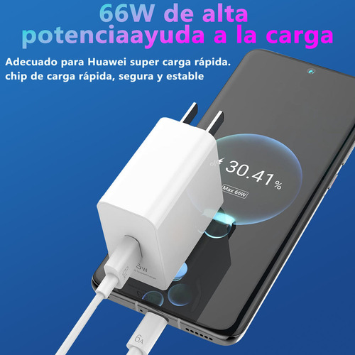 66 W Charger for Huawei Honor 200/ x9c/x8c/x8b/ x7b/ x7c/x6b Plus/ Magic7 Lite Super Cargador Rapid Charge with 6a Cable Type C of 1.5m White