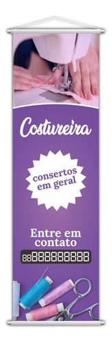 Banner Costureira Consertos Em Geral Contato Roxo 100x30cm