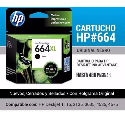 Imagen 2 de 4 de Tinta Original Negro Hp 664xl Alto Rendimiento F6v31al