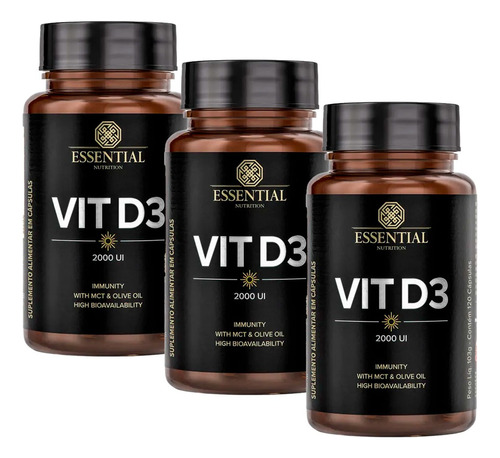 Vit D3 2000ui - Kit 3x 120 Caps Cada - Essential Nutrition Sabor Sem Sabor