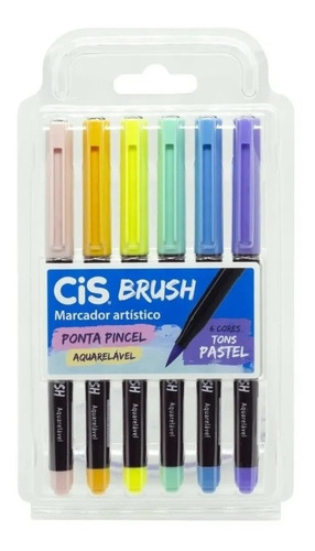 Kit 6 Cores Pastel Caneta Cis Brush Aquarelável Ponta Pincel