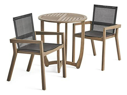 Set Comedor Exterior Acacia 3 Piezas, Asientos Malla, Gris/n